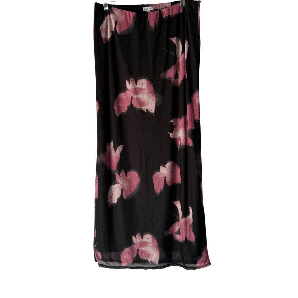 Lovefire Floral Print Maxi Skirt Large Pink Black Sheer Whimsigoth Grunge Fairy